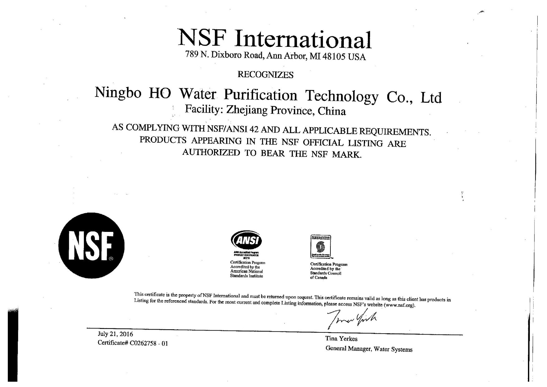 NSF certification for sintered CTO block